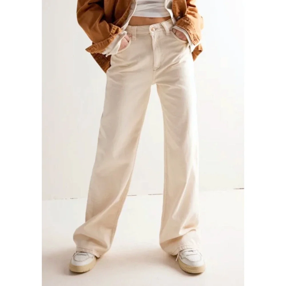 NEW FREE PEOPLE WE THE FREE ECRU TINSLEY BAGGY HIGH RISE STRAIGHT LEG JEANS 32